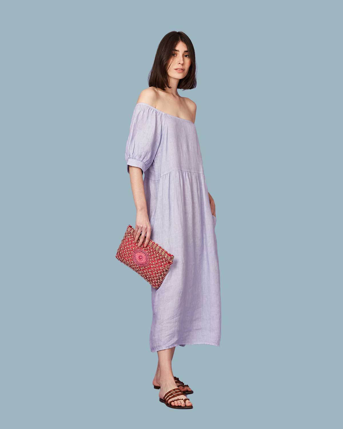 NV32553-LILAC Vestido Linho Ombro a Ombro - Imagem 3