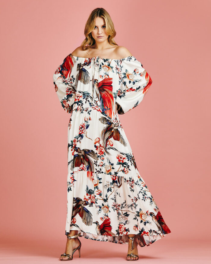 NV34129 - VT OMBRO SATIN PASSAROS - CREMA (2) Vestido Longo Seda Floral - Imagem 1