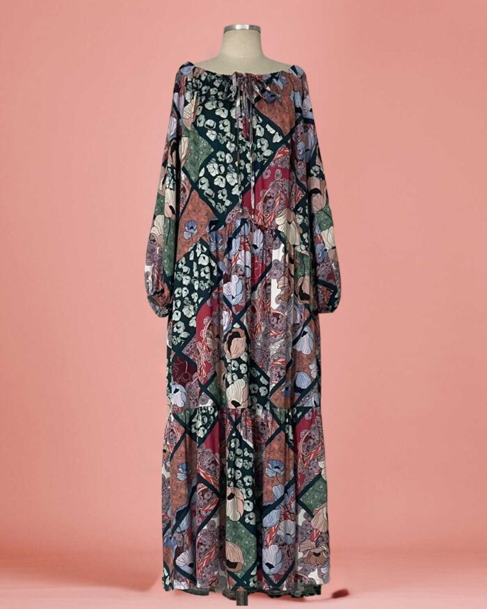 NV34139---VT-OMBRO-SATIN-PATCHWORK Vestido Longo Seda Patchwork - Imagem 1